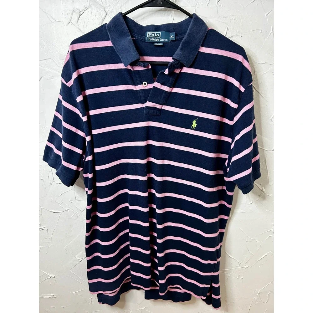 Polo Ralph Lauren Mens XL Navy Blue Pink Striped Short Sleeve Polo Shirt Green